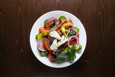 High angle view of salad served on table