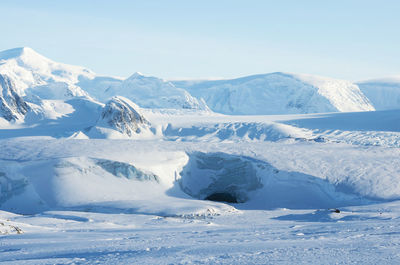 Scenic view of snowcapped mountains against clear blue sky