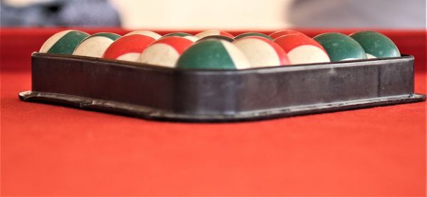 Close-up of multi colored balls on pool table