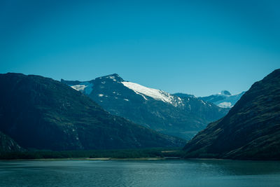 Scenic view of lake and mountains against clear blue sky