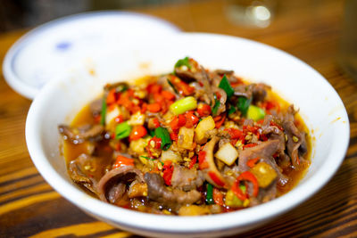 Close-up of food in bowl on table-hunan food