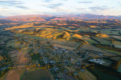 High angle view of buildings against sky