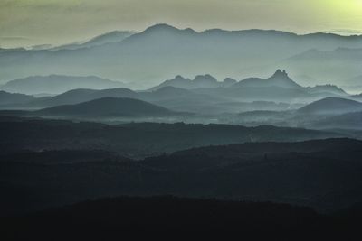 Scenic view of silhouette mountains against sky