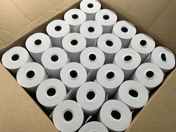 High angle view of papers in box