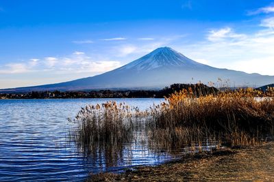 Scenic view of lake by snowcapped mountains against sky