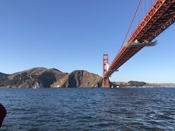 Bridge over sea against clear blue sky