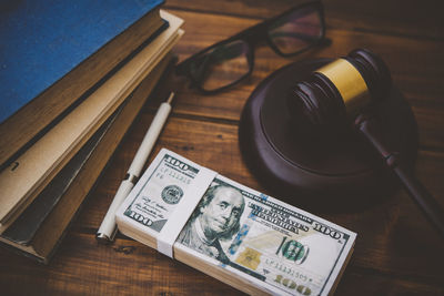 High angle view of books on table