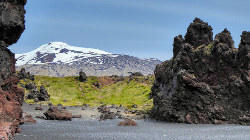 Scenic view of rocky mountains against sky at djupalonssandur beach
