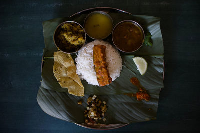 High angle view of food served on table