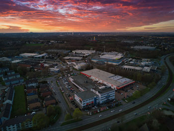 High angle view of townscape against sky during sunset