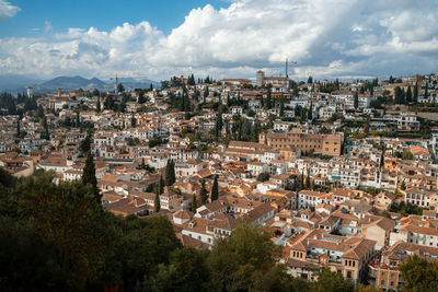 High angle shot of townscape against sky