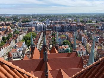 High angle shot of townscape against sky