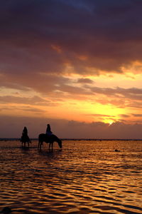 Silhouette people in sea against sky during sunset