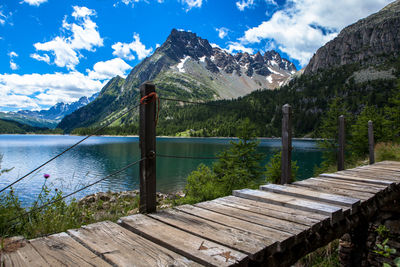 Scenic view of lake against cloudy sky