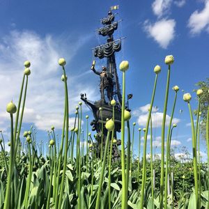 Statue amidst plants on field against sky