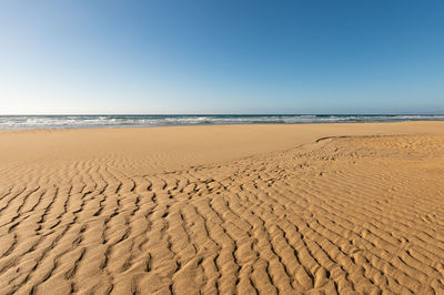 Scenic view of beach against clear blue sky