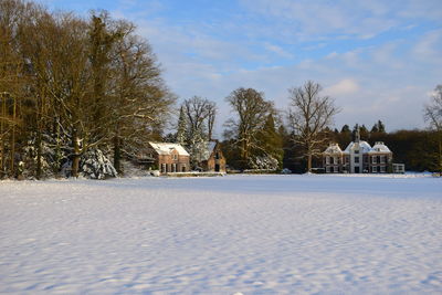 Trees and houses on field against sky during winter