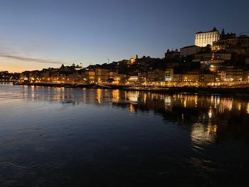 Reflection of illuminated buildings in water