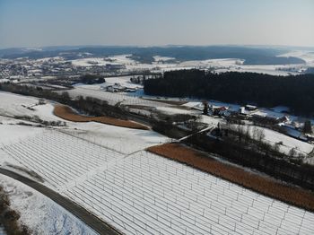 High angle view of snow covered landscape