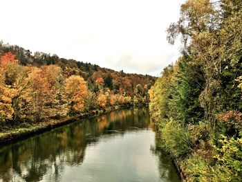 Scenic view of river in forest against sky during autumn