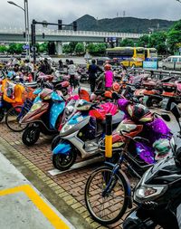 Bicycles parked on street in city