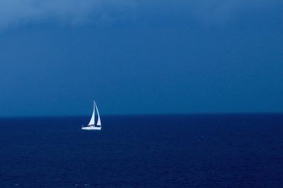 Sailboat sailing in sea against sky