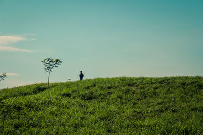 Low angle view of man standing on grassy field against sky