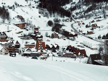 Graffiti on snow covered mountains in city