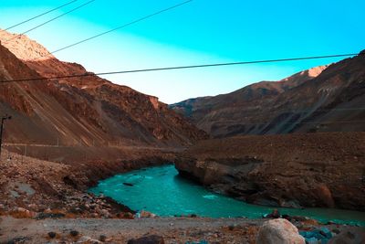 Scenic view of river and mountains against clear sky