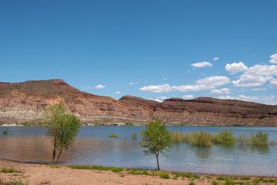 Scenic view of lake against blue sky