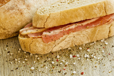 Close-up of bread with meat on table