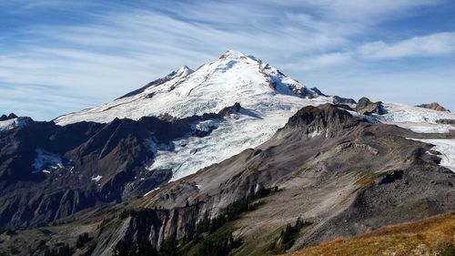 Scenic view of snow covered mountain against sky