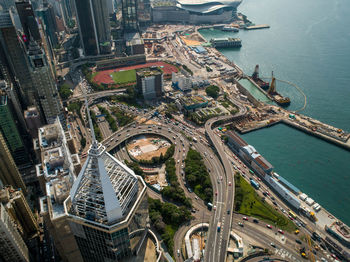 High angle view of city buildings