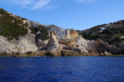 Scenic view of mountain by sea against sky