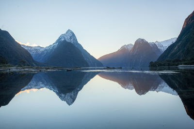 Scenic view of lake and mountains against clear sky