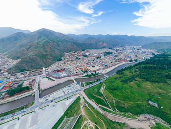 High angle view of city against sky