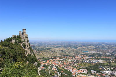 Aerial view of cityscape against clear blue sky