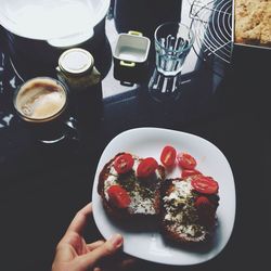 High angle view of breakfast on table