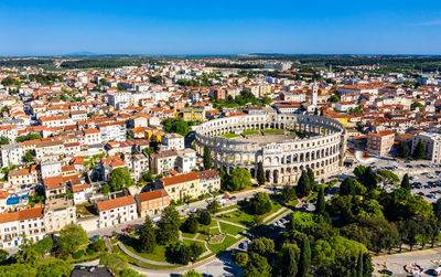 High angle view of buildings in city