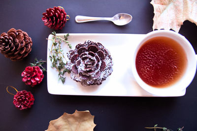 High angle view of dessert on table