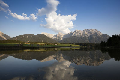 Scenic view of lake and mountains against sky