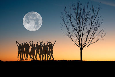 Silhouette trees on field against sky at night