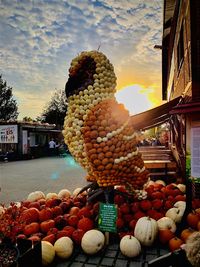 Various fruits in market against sky