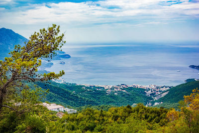 Panoramic view of landscape adriatic sea, mountains on coast budva riviera, montenegro
