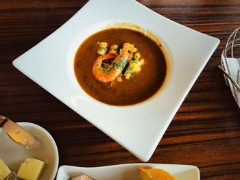 High angle view of soup in bowl on table