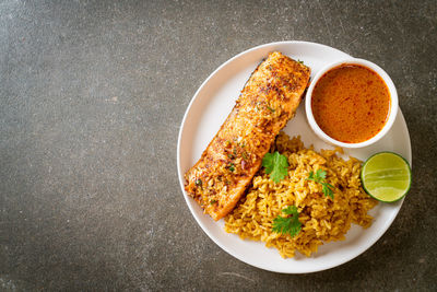 High angle view of food in plate on table