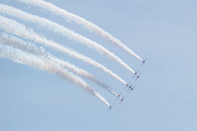 Low angle view of airplane flying against sky
