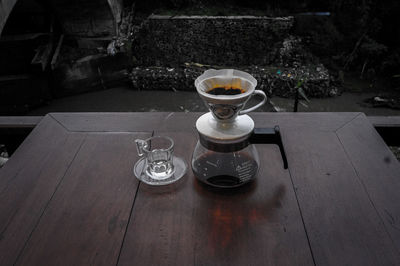 High angle view of coffee cup on table