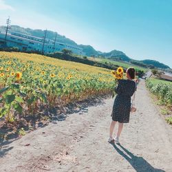 Rear view of woman walking on field against sky