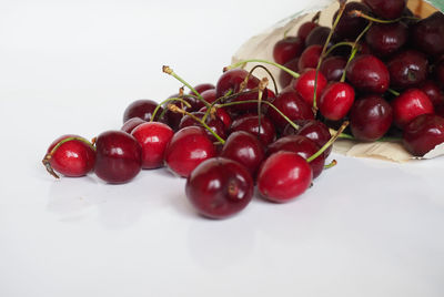 Close-up of cherries on white background